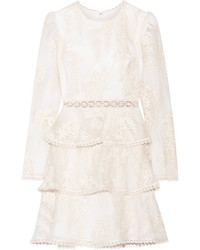 Zimmermann Maples Embroidered Crocheted Lace Trimmed Silk Organza Mini Dress White