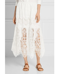 Anna Sui Crochet Trimmed Embroidered Cotton Midi Skirt Ivory