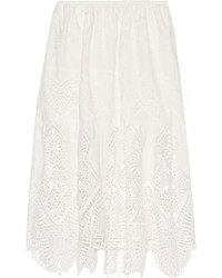 Anna Sui Crochet Trimmed Embroidered Cotton Midi Skirt Ivory