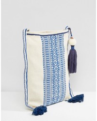 Star Mela Crossbody Bag In Off White With Blue Embroidery Tassel