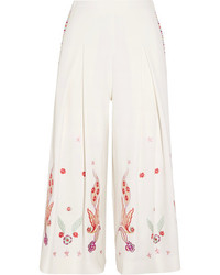 Temperley London Lysander Cropped Embroidered Crepe Wide Leg Pants White