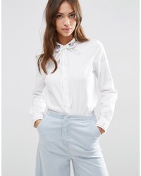 Asos Embroidered Collar Casual Pussy Bow Shirt