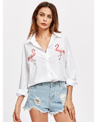Shein Embroidered Flamingo Patch Dolphin Hem Shirt