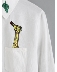 Shein Giraffe Embroidered Dip Hem Shirt With Chest Pocket
