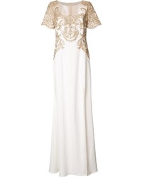 Marchesa Notte Gold Tone Embroidery Long Dress