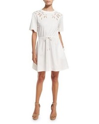 See by Chloe Short Sleeve Embroidered Poplin Dress Off White