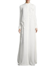 Carolina Herrera Long Sleeve Embroidered Caftan Gown White
