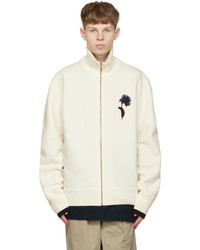 White Embroidered Fleece Zip Sweater