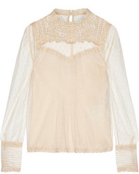 RED Valentino Redvalentino Embroidered Lace Trimmed Point Desprit Tulle Top Ivory