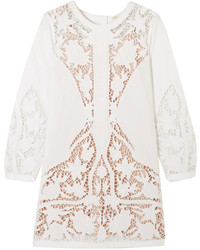 Maje Juniper Guipure Lace Paneled Embroidered Cotton Poplin Mini Dress Off White