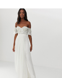 Virgos Lounge Tall Off Shoulder Embellished Top Maxi Dress With Pleated Skirt In Ecru