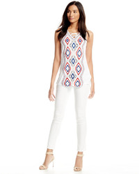 Neiman Marcus Embroidered Lace Up Tank White