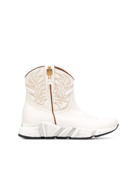 White Embroidered Leather Ankle Boots