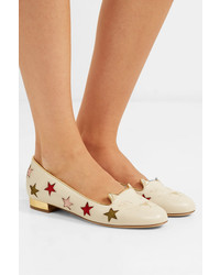 Charlotte Olympia Kitty Cutout Embroidered Leather Slippers