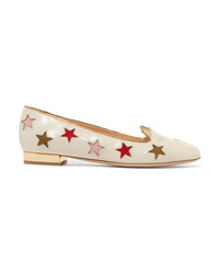 Charlotte Olympia Kitty Cutout Embroidered Leather Slippers