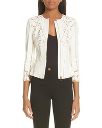 White Embroidered Leather Bomber Jacket