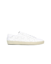 White Embroidered Leather Low Top Sneakers