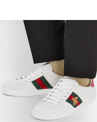 Gucci Ace Watersnake Trimmed Embroidered Leather Sneakers