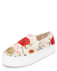 White Embroidered Leather Slip-on Sneakers