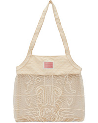 White Embroidered Leather Tote Bag
