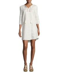 Neiman Marcus Embroidered Neck Linen Tunic Dress Ivory