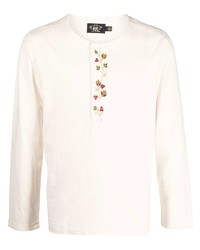 White Embroidered Long Sleeve Henley Shirt