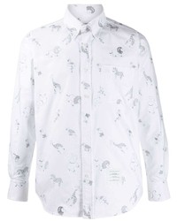 Thom Browne Oxford Multi Icon Embroidered Straight Fit Long Sleeve Shirt
