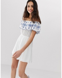 En Creme Bardot Mini Dress With Embroidered Frill Detail
