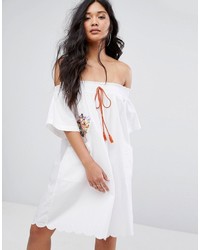Boohoo Embroidered Off The Shoulder Dress With Scallop Hem