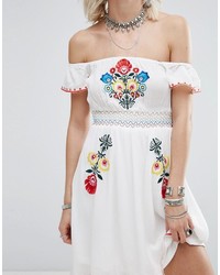 Glamorous Off Shoulder Dress With Smocking And Embroidery