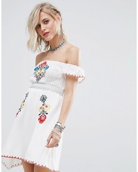 Glamorous Off Shoulder Dress With Smocking And Embroidery