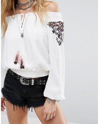 Honey Punch Off Shoulder Long Sleeve Top With Embroidery And Tassel Trim