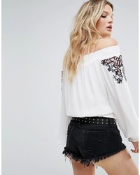 Honey Punch Off Shoulder Long Sleeve Top With Embroidery And Tassel Trim