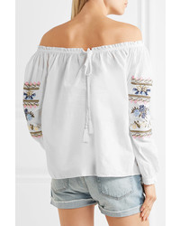 Needle & Thread Off The Shoulder Embroidered Cotton Poplin Blouse White