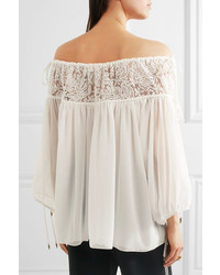 Chloé Off The Shoulder Embroidered Tulle And Silk Crepon Blouse Ivory