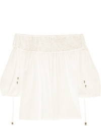 Chloé Off The Shoulder Embroidered Tulle And Silk Crepon Blouse Ivory