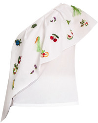 Rosie Assoulin One Shoulder Embroidered Cotton Top