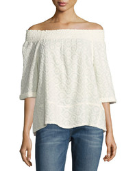 Current/Elliott The Embroidered Off The Shoulder Smocked Tee Dirty White