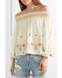 Rachel Zoe Veronica Off The Shoulder Embroidered Cotton And Silk Blend Voile Top White