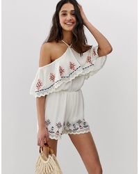 En Creme Off Shoulder Playsuit With Ruffle And Embroidered Detail