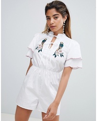 Fashion Union Tea Playsuit With Tie Neck And Parrot Embroidery