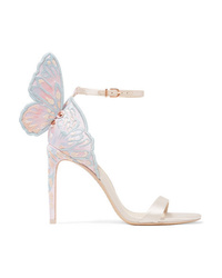 White Embroidered Satin Heeled Sandals