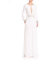 White Embroidered Sequin Evening Dress