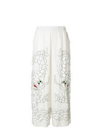 White Embroidered Sequin Wide Leg Pants