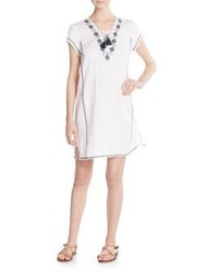 Embroidered Lace Front Linen Shift Dress