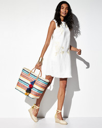 Neiman Marcus Embroidered Linen Blend Shift Dress White