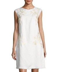 Neiman Marcus Embroidered Linen Blend Shift Dress White