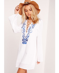 Missguided Lace Up Embroidered Shift Dress Blue