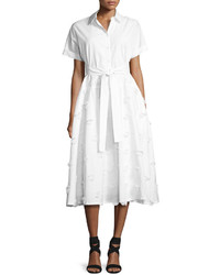 Lela Rose Embroidered Belted Shirtdress White