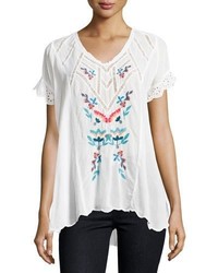 White Embroidered Short Sleeve Blouse